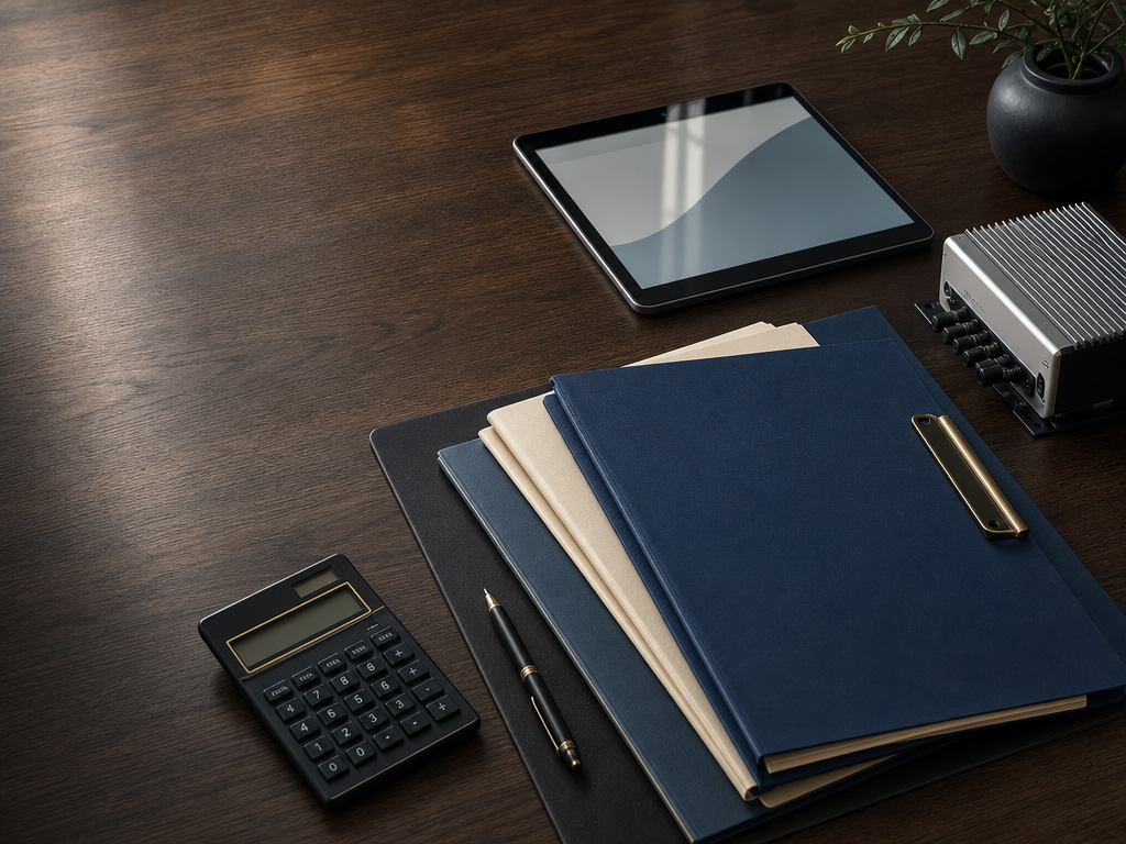 Organized folders, calculator, and tablet on a desk