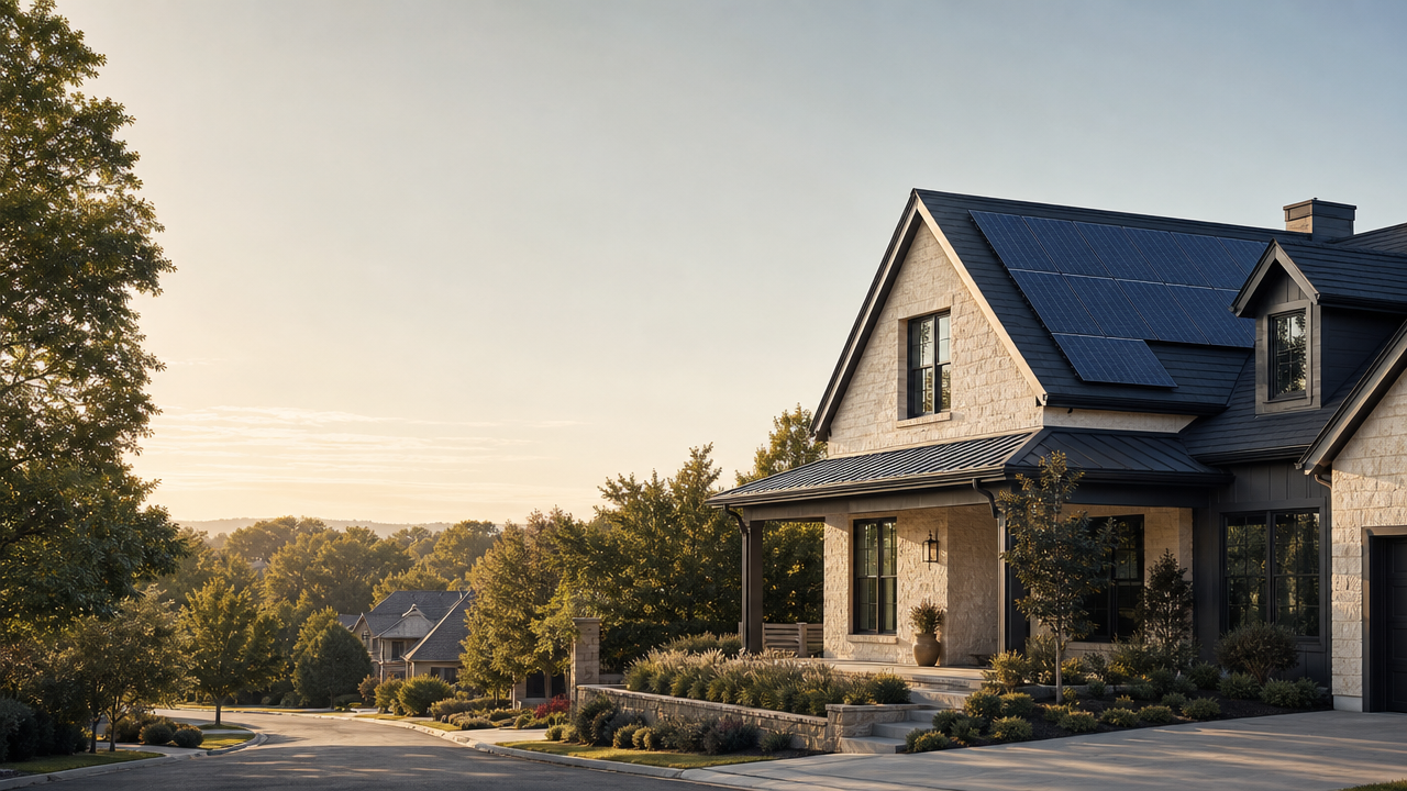 Contemporary home with rooftop solar panels in a quiet neighborhood