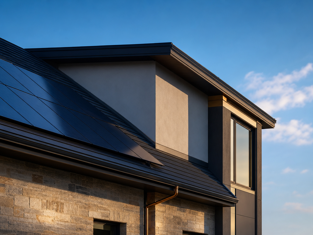 Residential solar panels and roofline in warm evening light